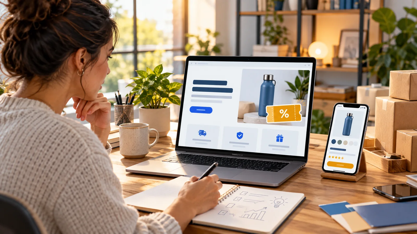 Amazon seller planning a product landing page and coupon campaign at a desk