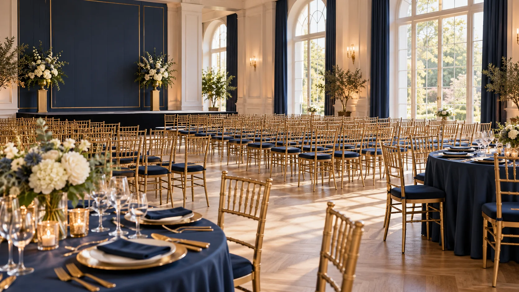 Illustrative event venue with rows of gold chairs