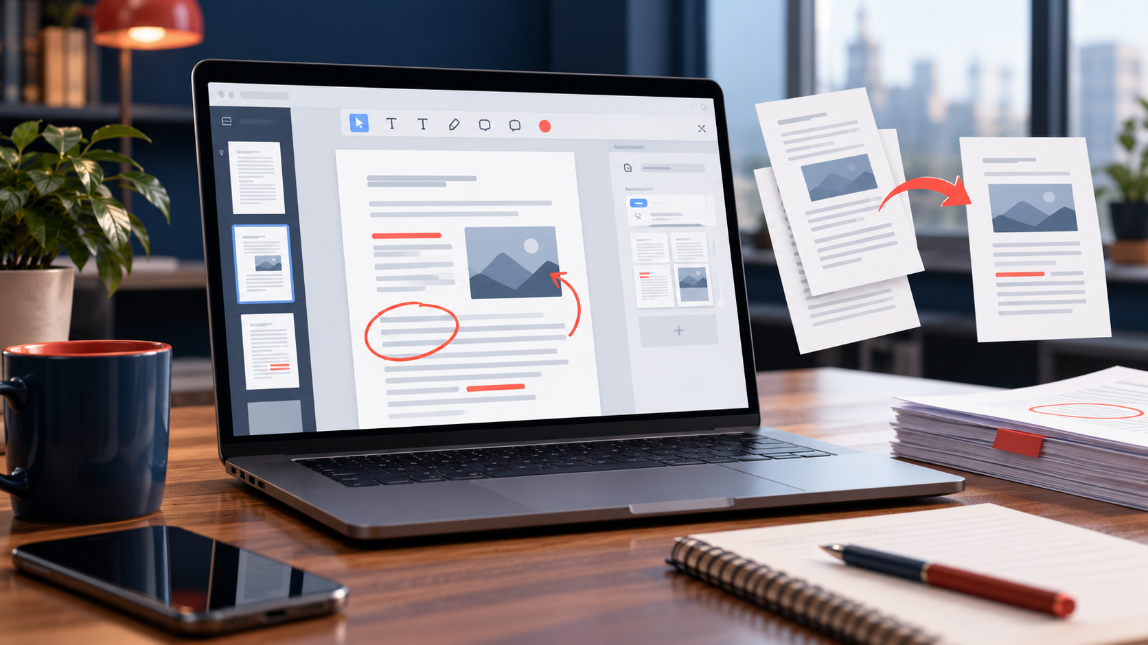 Laptop showing PDF pages being edited, annotated and merged