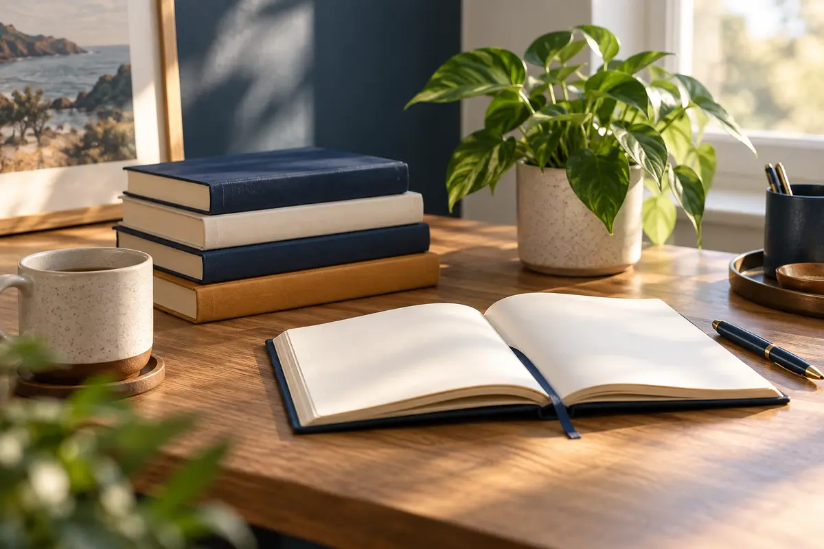 Personal development books, an open notebook and a plant on a sunlit desk