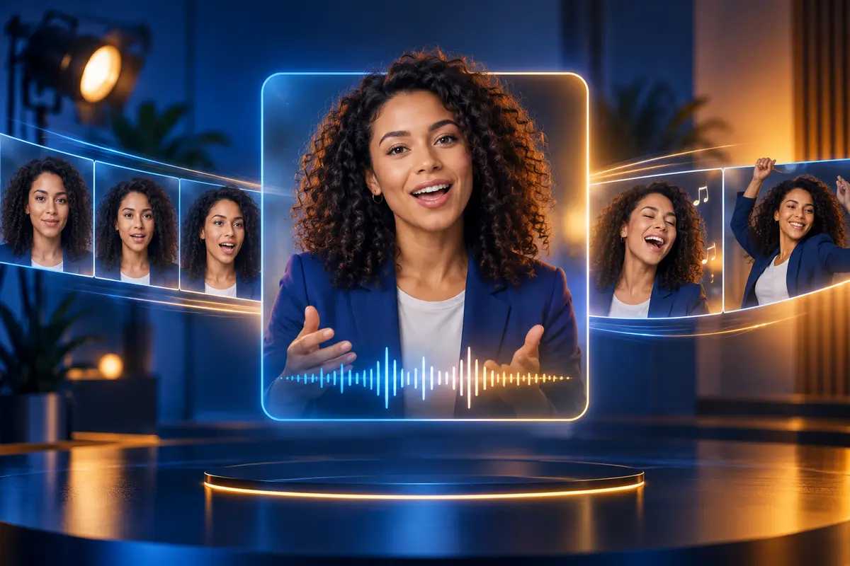 AI presenter transforming from a still portrait into talking, singing and dancing video scenes