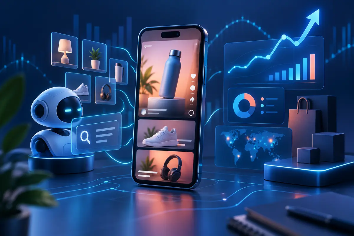 AI-assisted TikTok Shop product research shown through a smartphone, product tiles and trend analytics