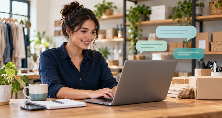 Friendly support agent at a laptop with illustrative teal chat bubbles