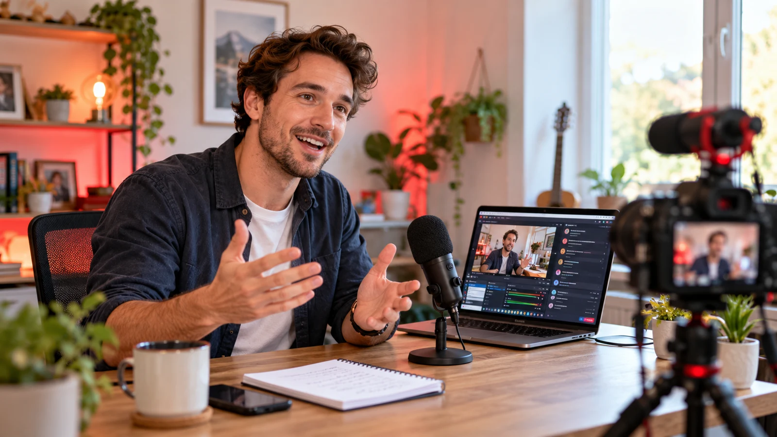 Small business owner hosting a live Q&A with a camera, microphone and laptop