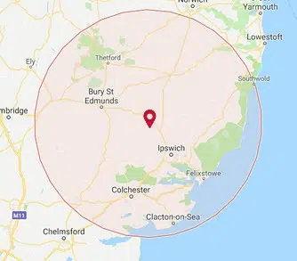 Coverage map around Stowmarket, including Ipswich, Colchester and Clacton-on-Sea