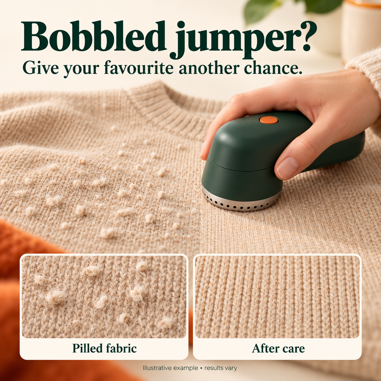Illustrative fabric shaver removing bobbles from a beige jumper, with pilled and smoother fabric close-ups