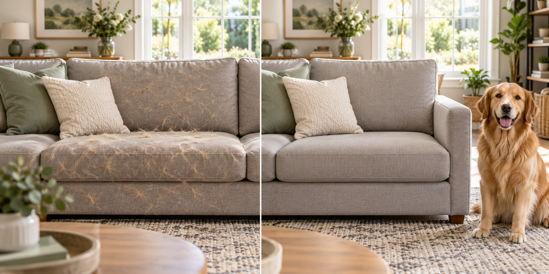 Illustrative before-and-after image of dog hair on a grey sofa compared with a clean sofa