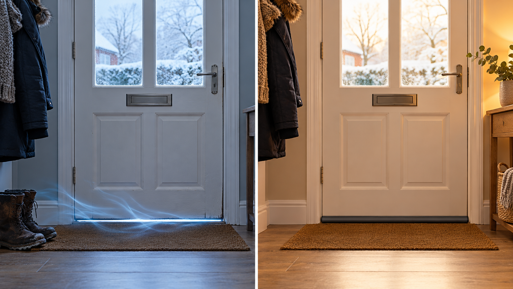 Illustrative before and after view of cold air under a front door compared with a fitted draught seal