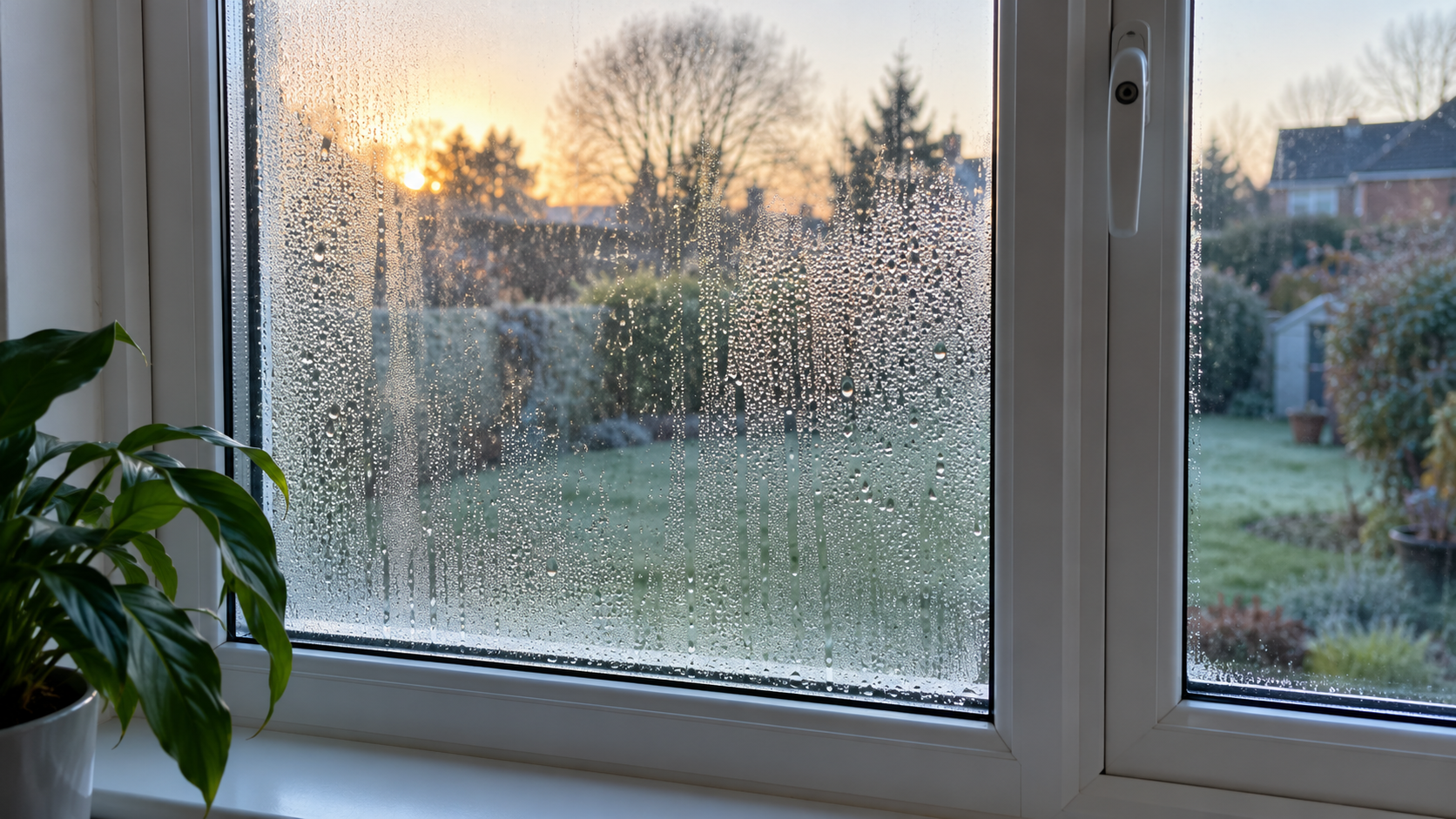 Condensation droplets covering a real white-framed window in a UK home