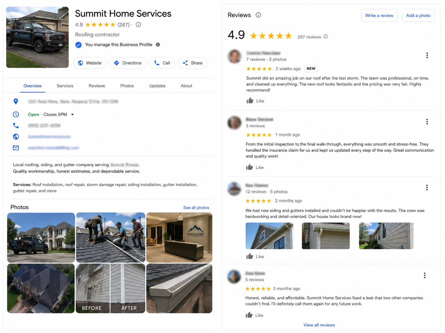 A Google Business Profile for a home services company showing a 4.9 star rating from 287 reviews, the services list, job photos including a before and after, and four recent five star reviews. Reviewer names and the business address and phone are blurred.