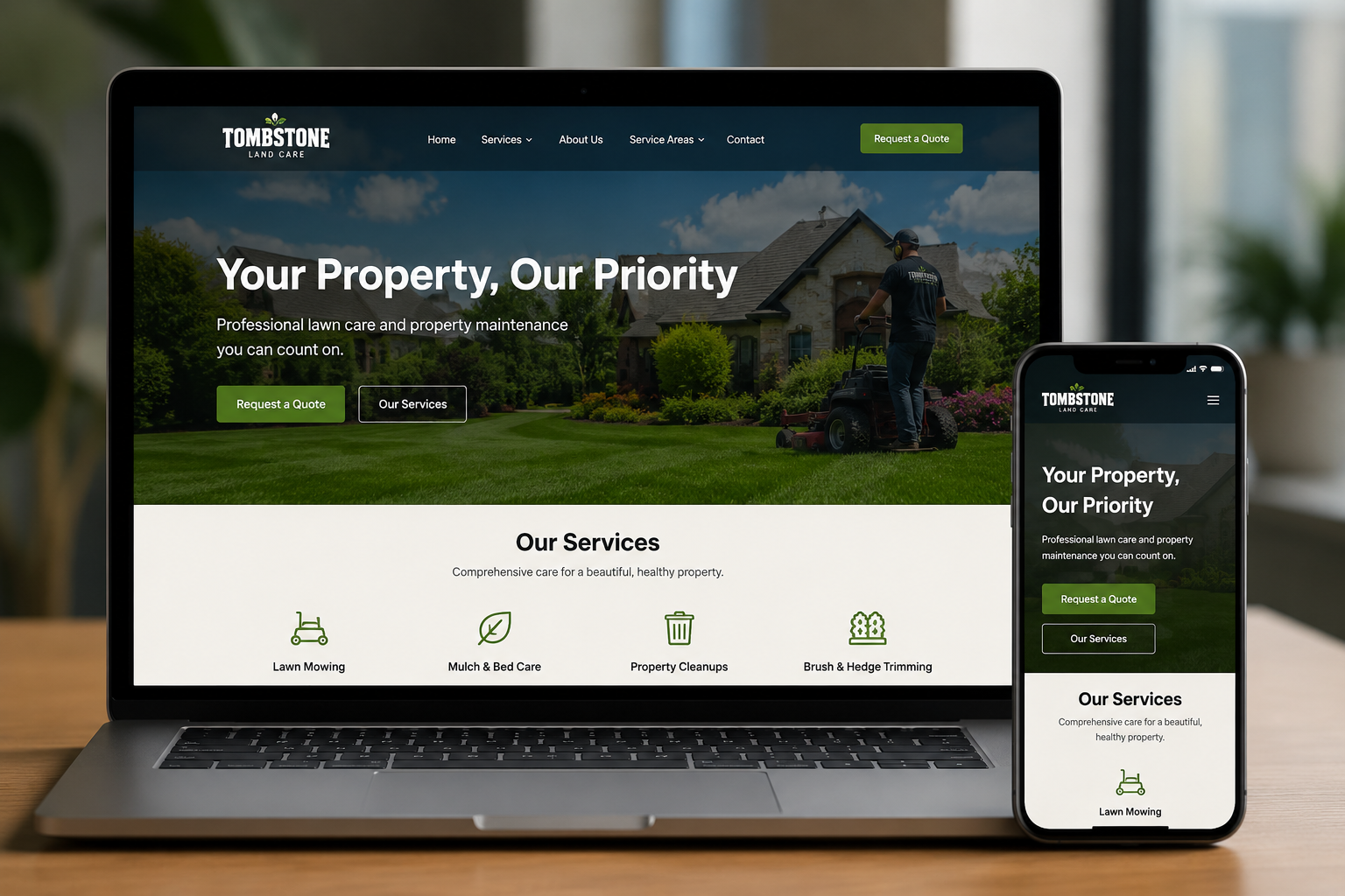 A client website shown on a laptop and a phone together. The homepage headline reads Your Property, Our Priority, with a request a quote button and a services row underneath.