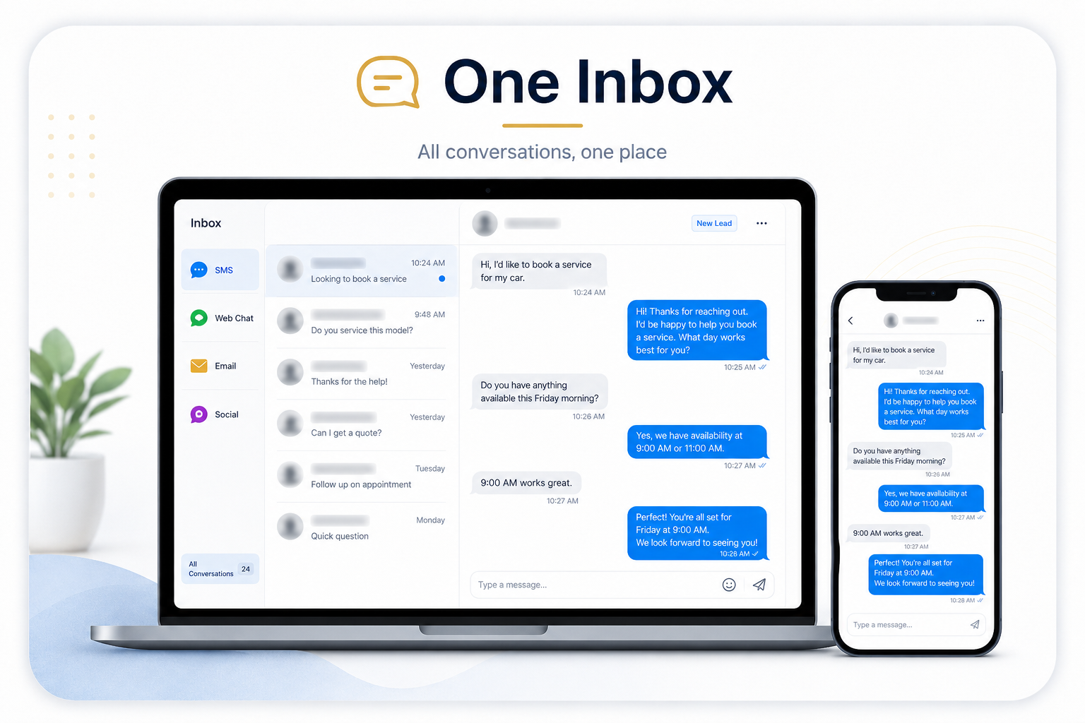 One inbox shown on a laptop and a phone at the same time, with SMS, web chat, email and social in a single list. A customer asks to book a service and the reply offers two times and confirms the appointment. Customer names are blurred.