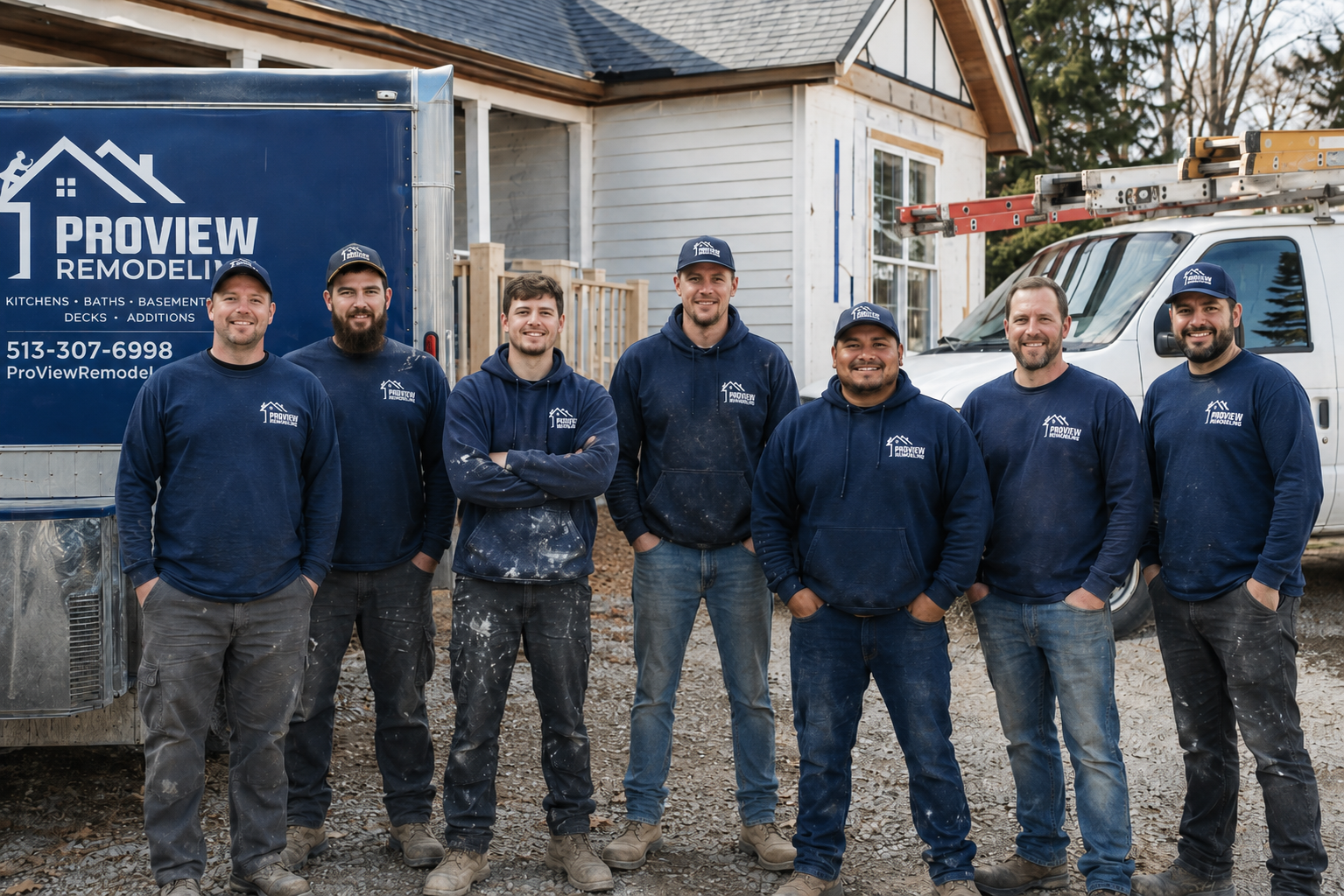 The Proview Remodeling crew of seven standing together in front of their trailer and van at a job site, in branded work jackets.