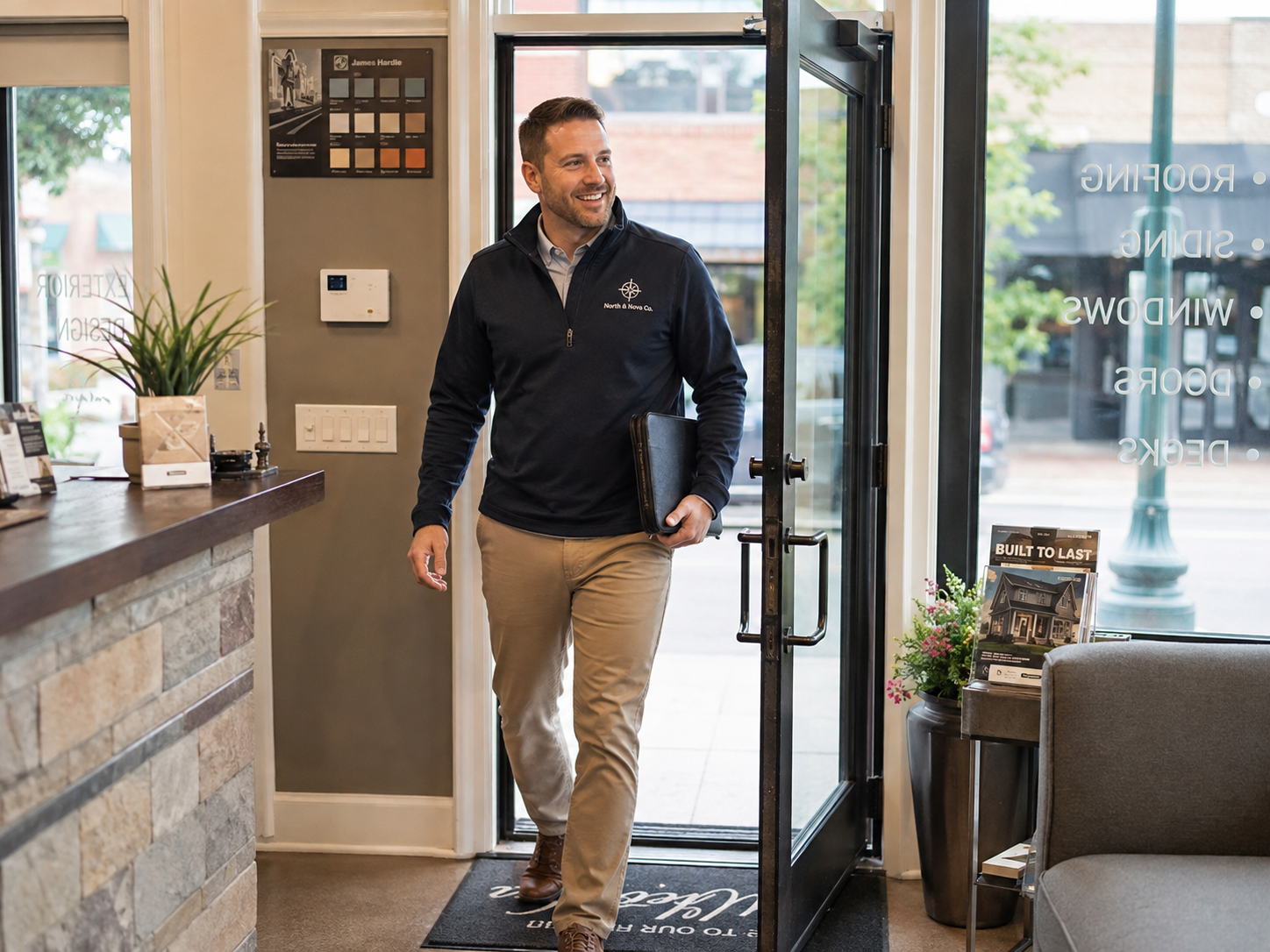 Zack Roberts of North and Nova walking into a client's showroom carrying a folder, wearing a North and Nova quarter zip.