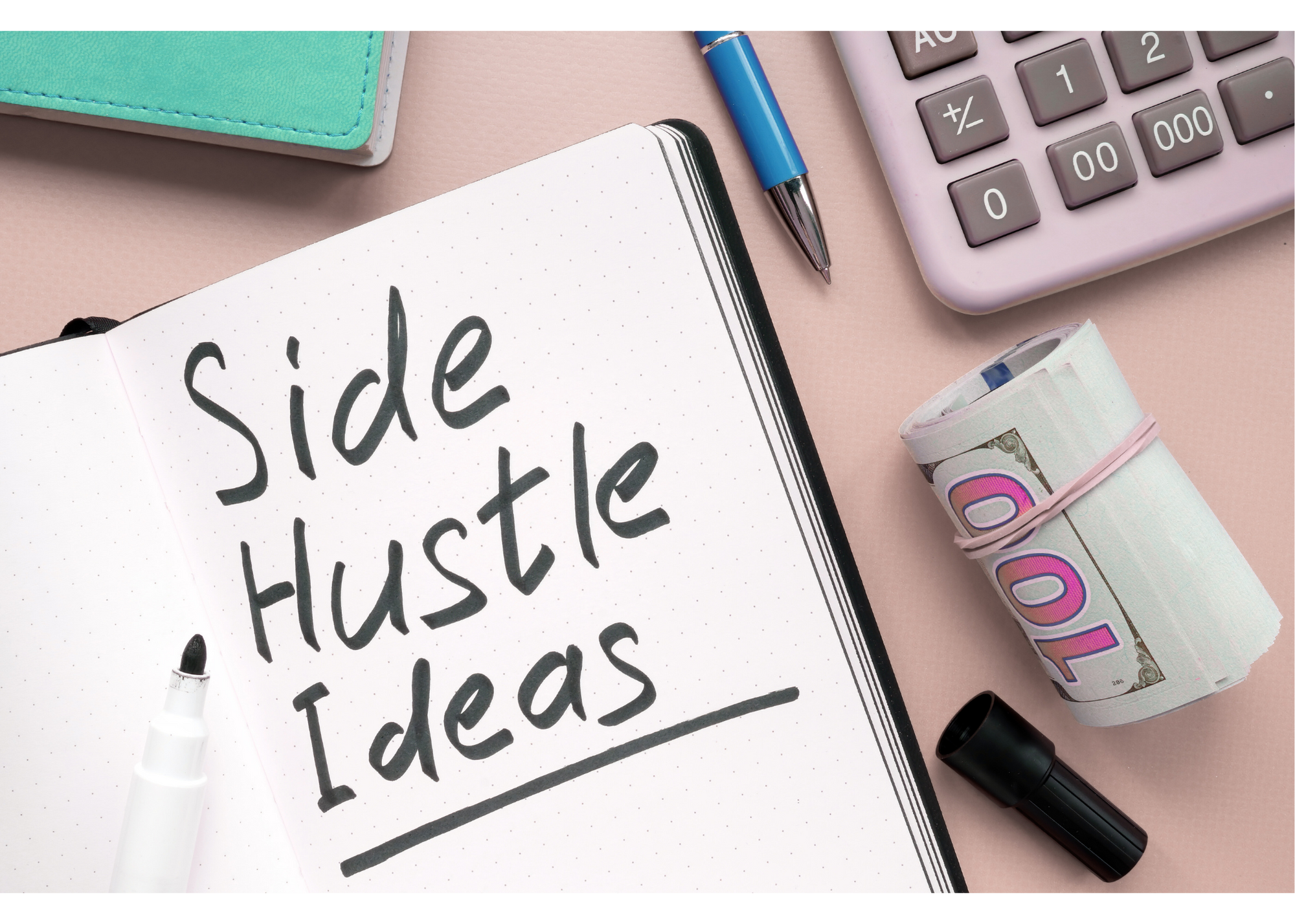 An open notebook with side hustle ideas written on a page