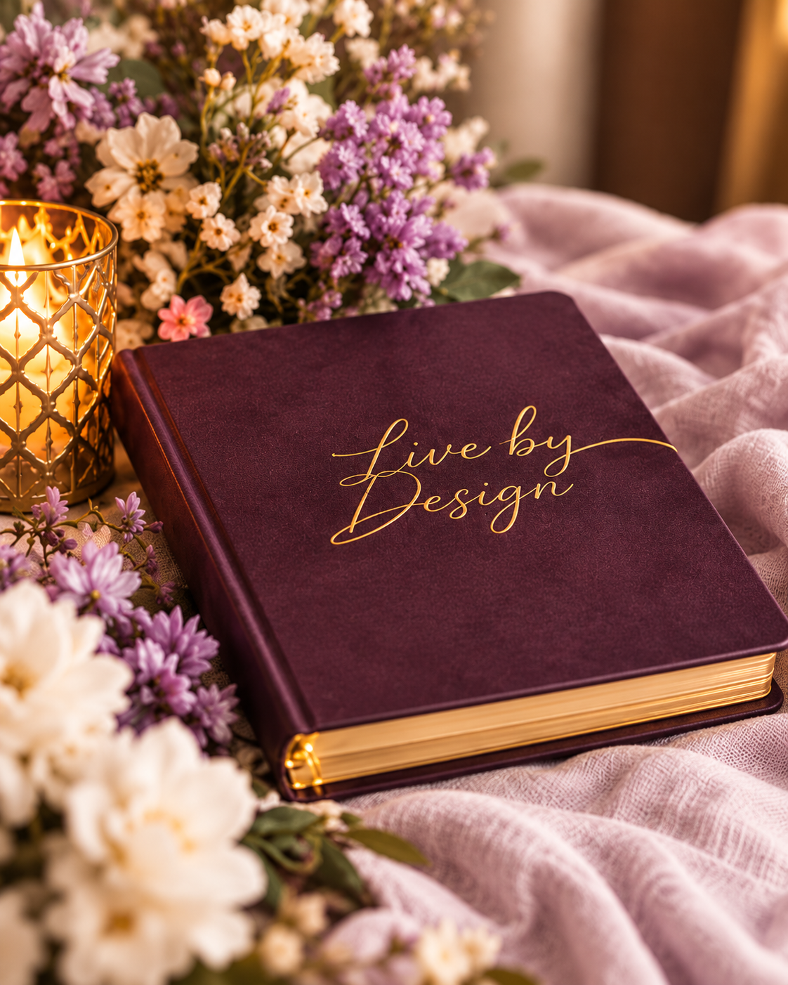 Plum Live by Design journal beside flowers and candlelight.