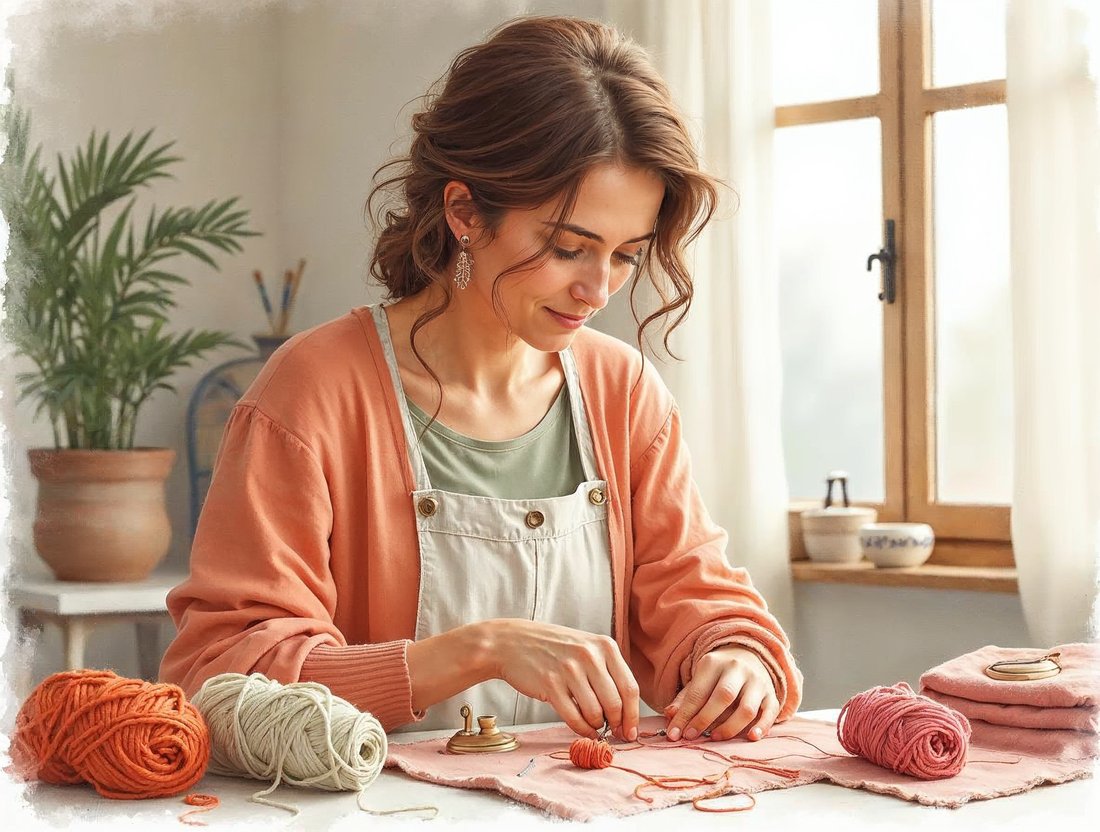 Ilustración en acuarela de una mujer que empieza a coser desde cero