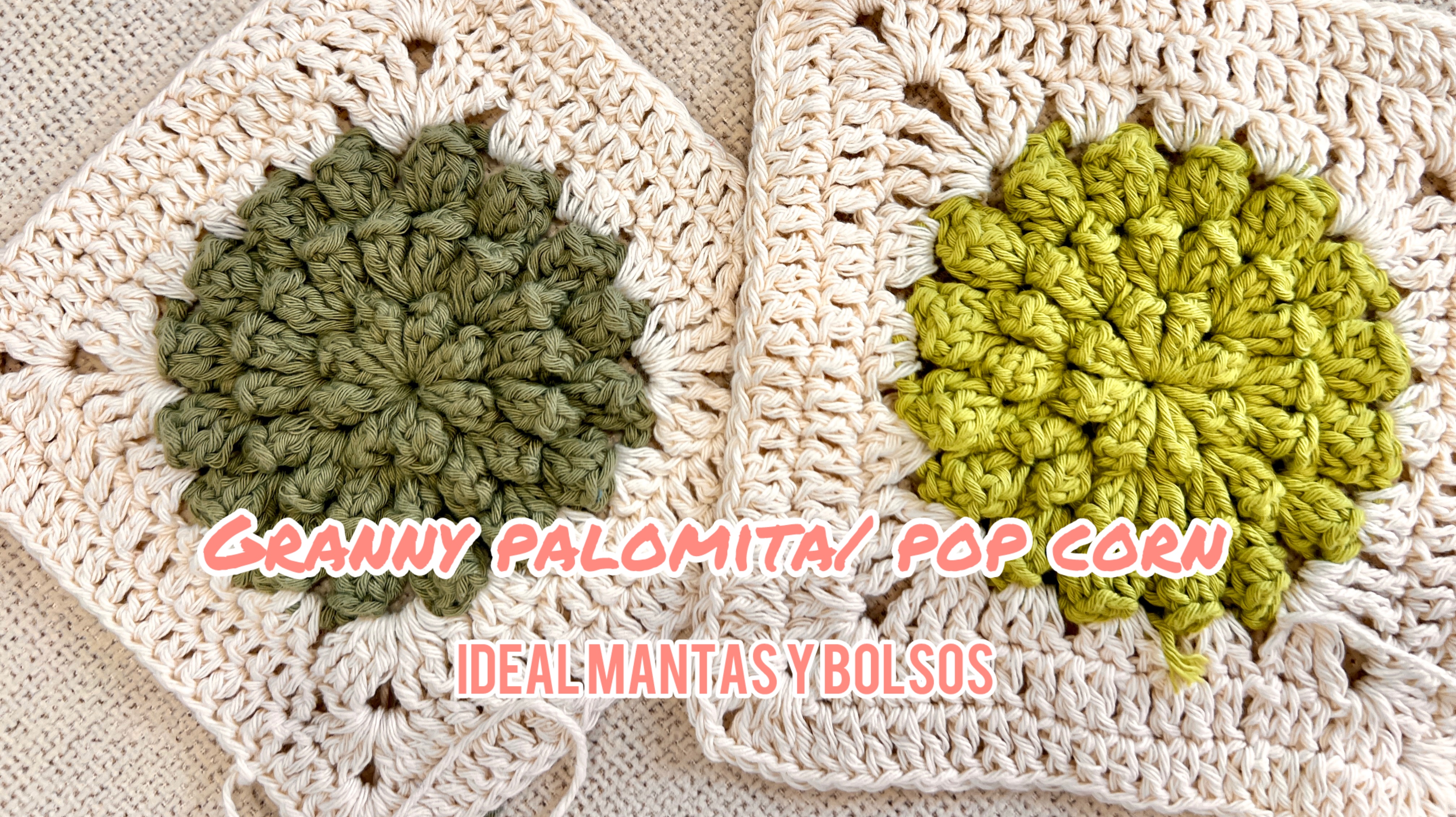 Cuadros granny a crochet con punto palomita en verde