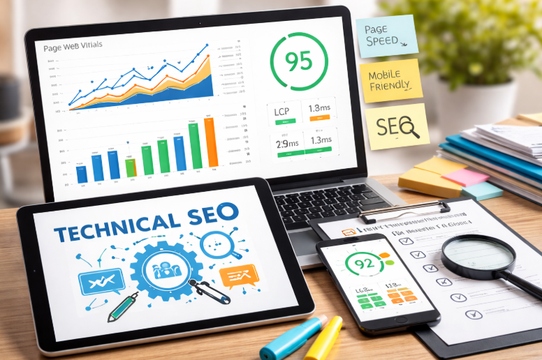 Laptop and tablet showing technical SEO analytics