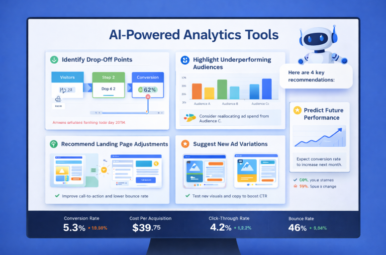 AI analytics dashboard showing marketing insights, charts, and recommendations.