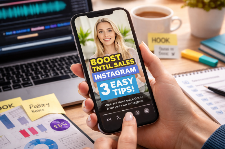 Person viewing an Instagram marketing tips video on a smartphone.