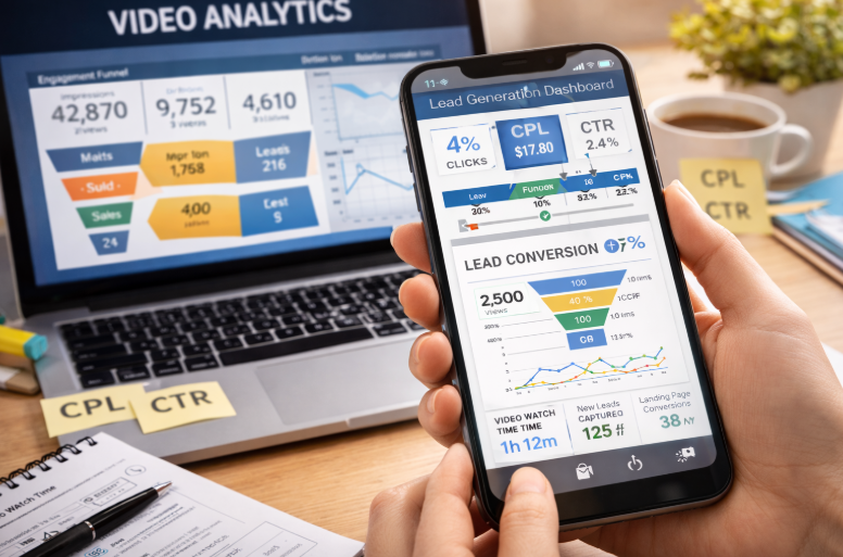 Smartphone showing a marketing analytics dashboard with charts and metrics.