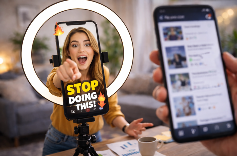 Content creator filming a video with a ring light and smartphone while another phone shows a social media feed.