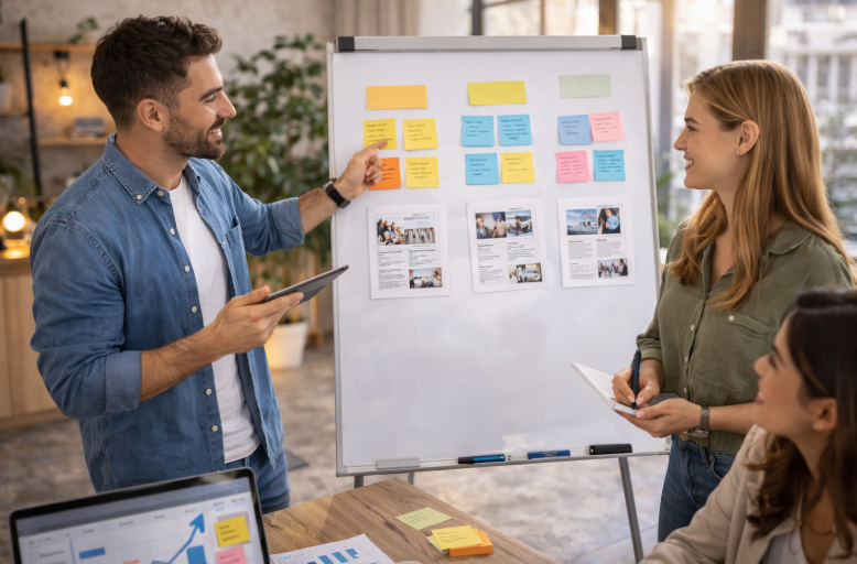 Team discussing ideas on a whiteboard with colorful sticky notes.