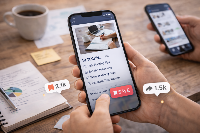 Person saving a productivity post on a smartphone with social media engagement icons.