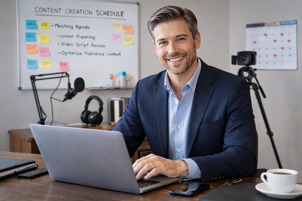 Business professional working on a laptop in a content creation office with a camera, microphone, and planning board Business professional working on a laptop in a content creation office with a camera, microphone, and planning board