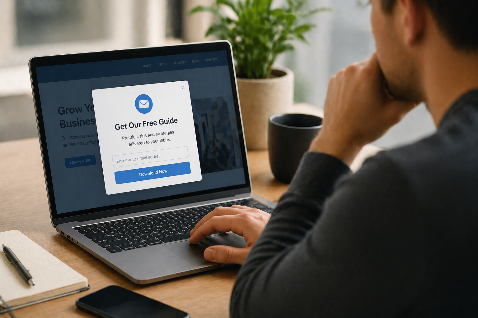 Website pop-up form inviting visitors to enter their email address and download a free business guide Website pop-up form inviting visitors to enter their email address and download a free business guide