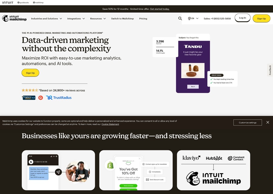 Intuit Mailchimp marketing software interface highlighting analytics, automations, and AI tools designed to help businesses grow.