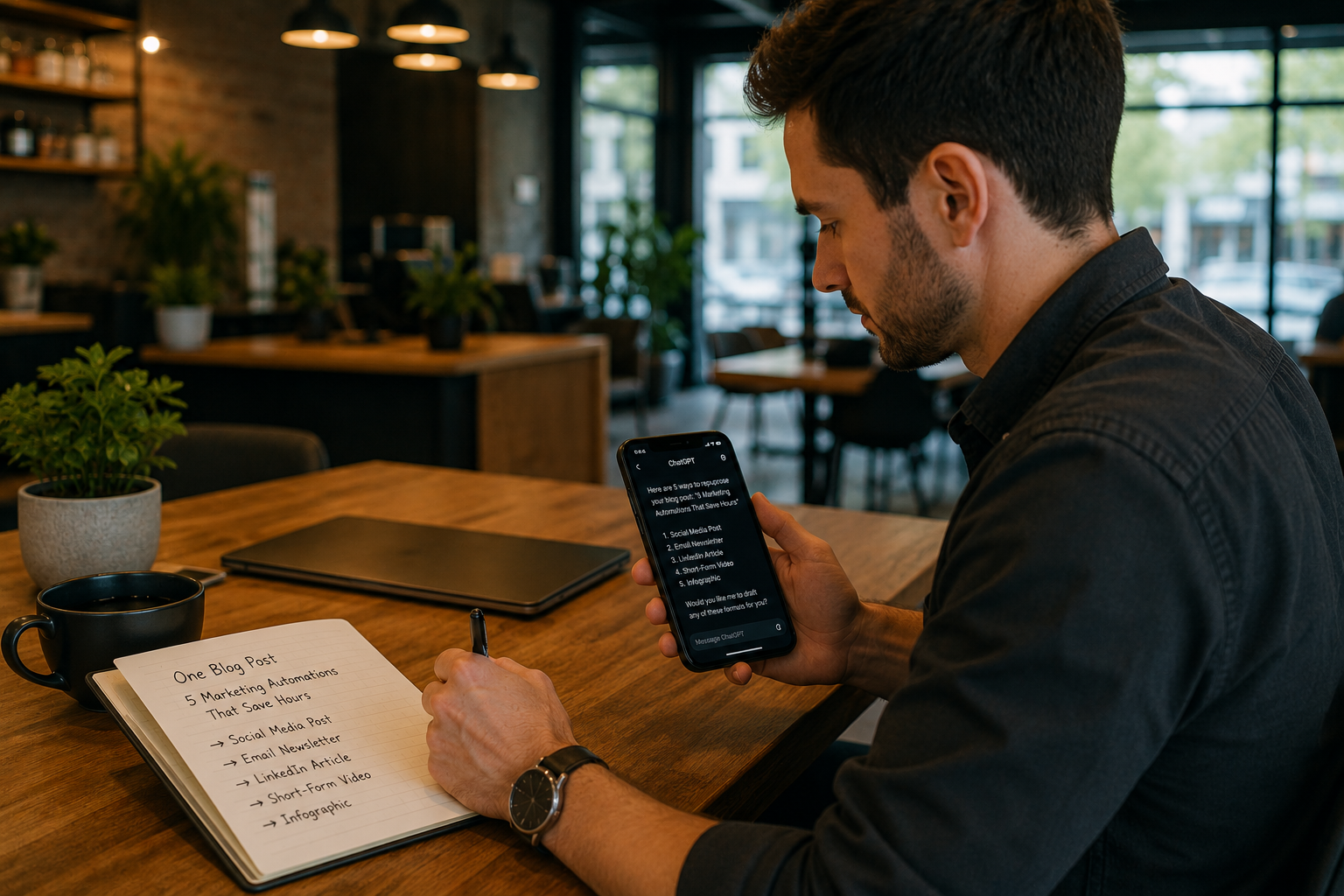 Content creator or marketer using AI mobile tools and a notebook to brainstorm and outline multiple content formats from a single blog post.