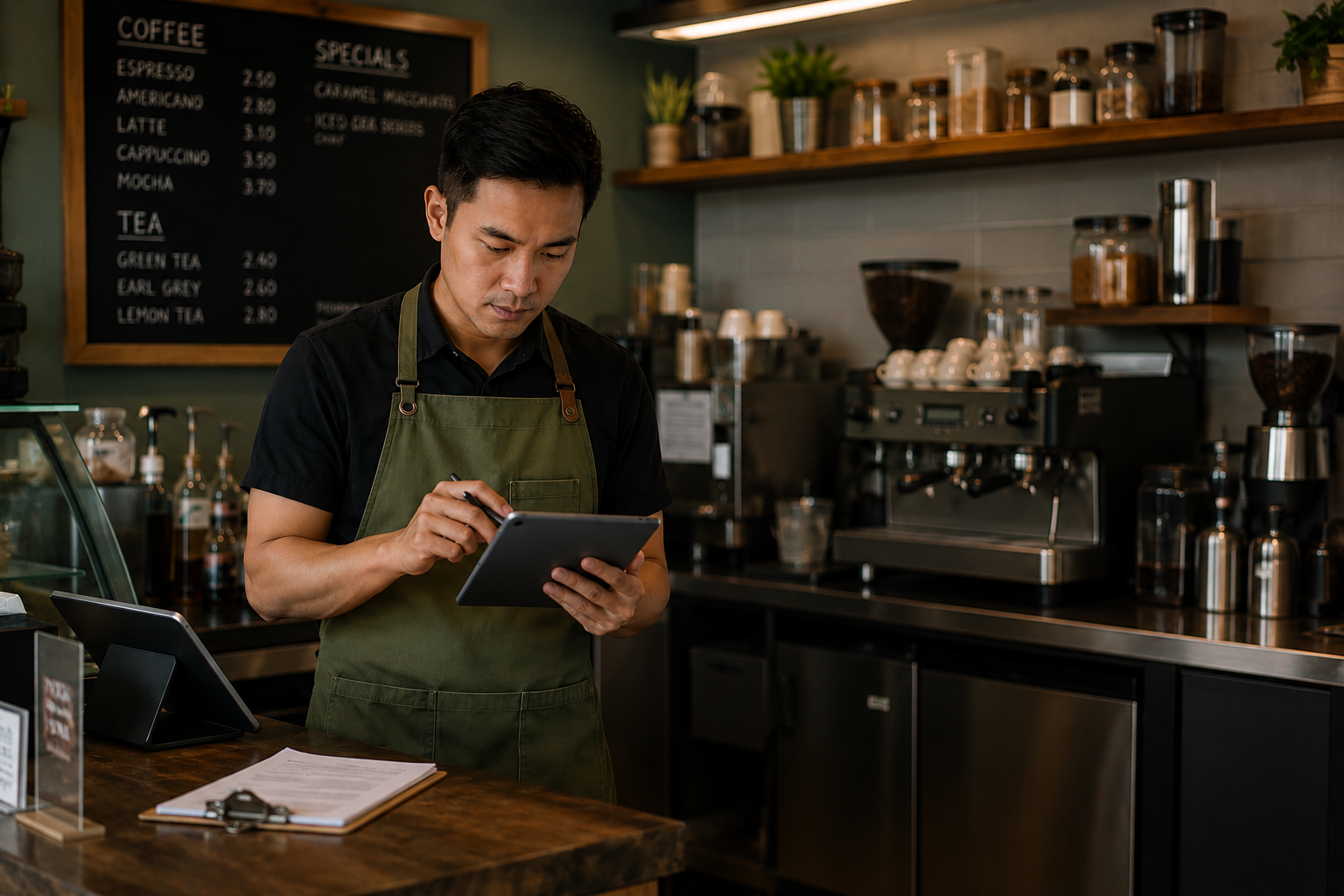 Coffee shop owner or manager using a point-of-sale tablet to check business operations and manage customer orders.