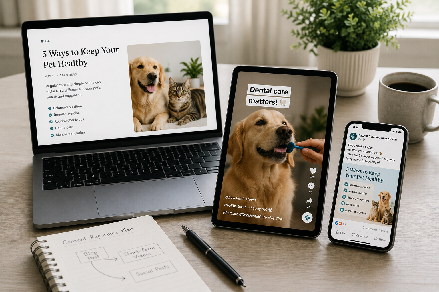 A laptop, tablet, and smartphone arranged on a wooden desk showing coordinated veterinary marketing content, featuring a blog post titled "5 Ways to Keep Your Pet Healthy," a tablet video about dental care, and a social media feed post.