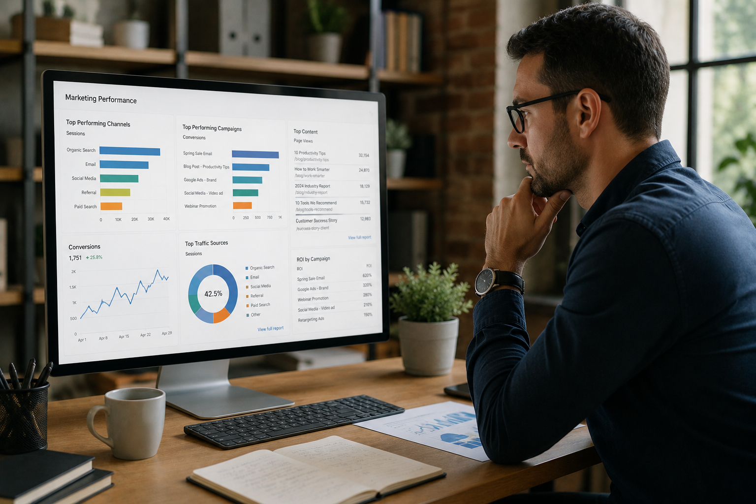 Digital marketer or business analyst evaluating marketing analytics, campaign conversions, and traffic data to optimize business growth strategies. Digital marketer or business analyst evaluating marketing analytics, campaign conversions, and traffic data to optimize business growth strategies.