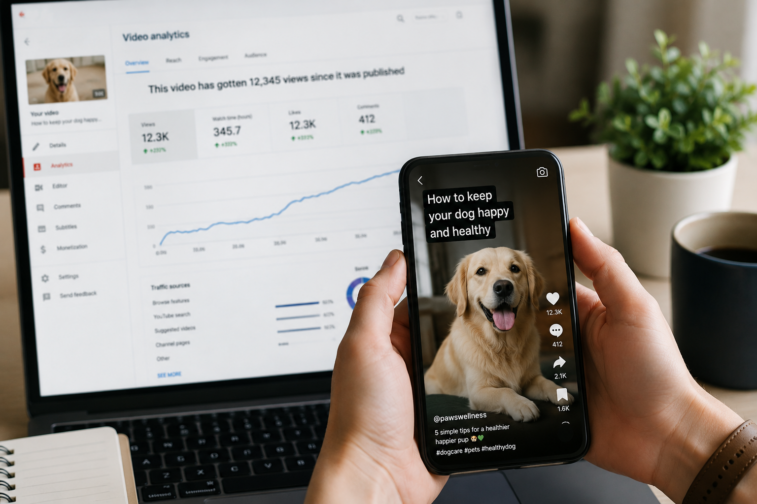 Content creator tracking video performance, watch time, and audience engagement metrics across mobile and desktop platforms. Content creator tracking video performance, watch time, and audience engagement metrics across mobile and desktop platforms.