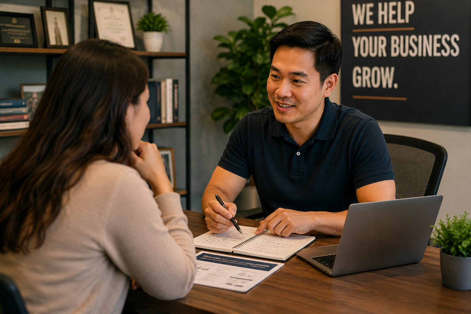 Professional business coaching, strategy consulting, and client advisory session in a modern office environment.