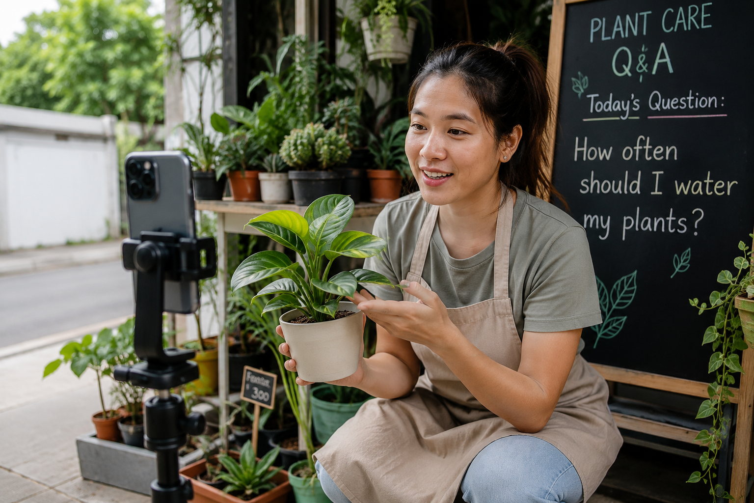Small business owner creating social media video content and engaging with customers on plant care best practices.