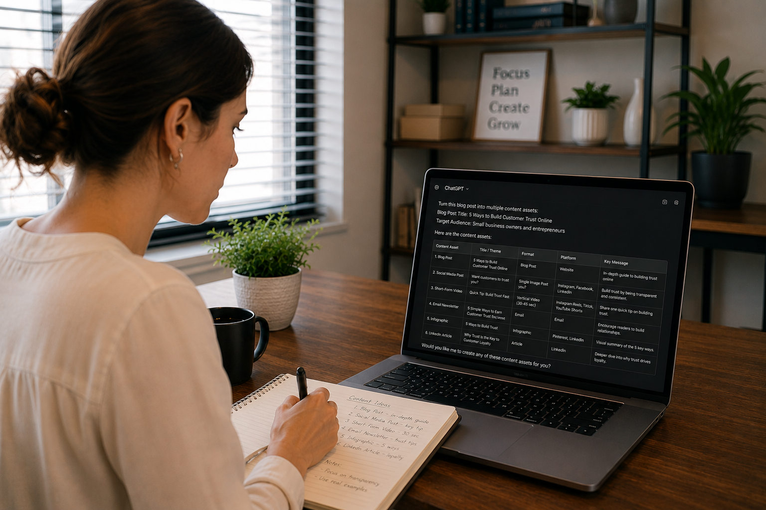 Content creator or marketer using AI tools to turn a single blog post into multiple marketing assets including social posts, short-form videos, and newsletters.