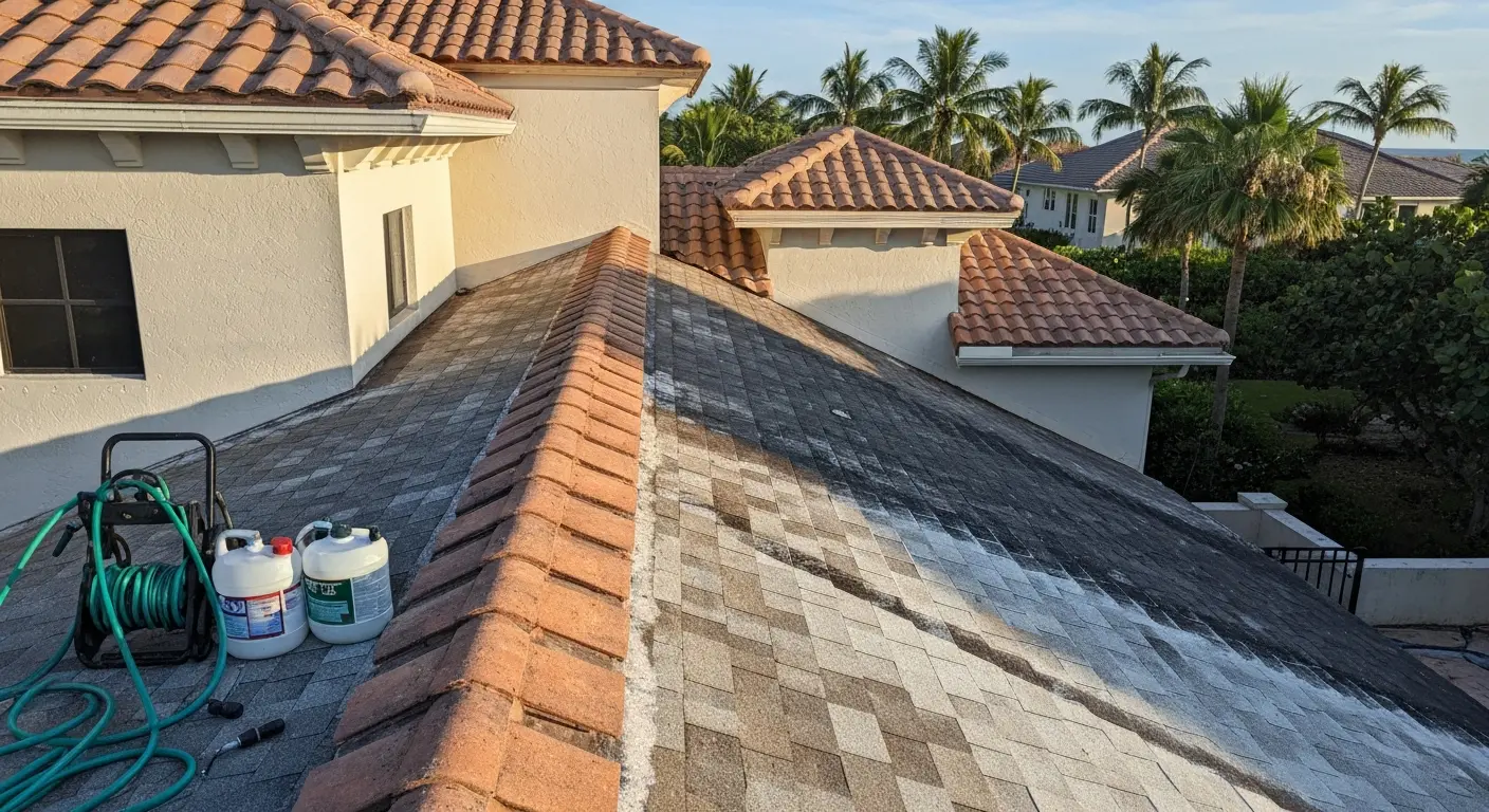 Roof cleaning on coastal home