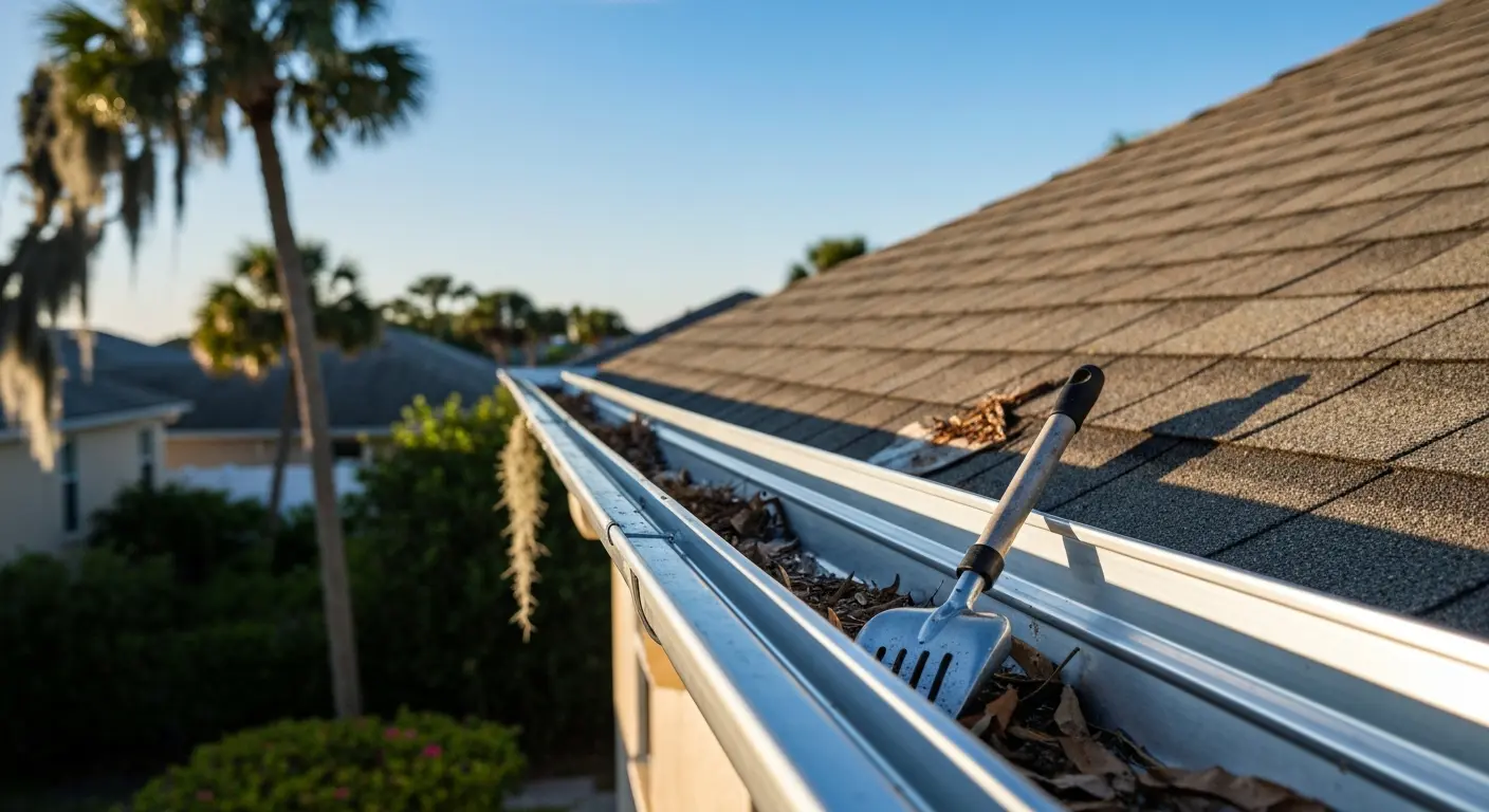 Roof cleaning service removing debris from gutters