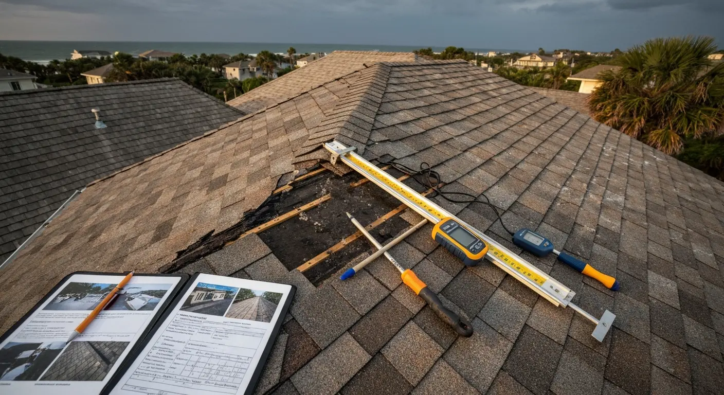 Storm damage inspection on coastal roof