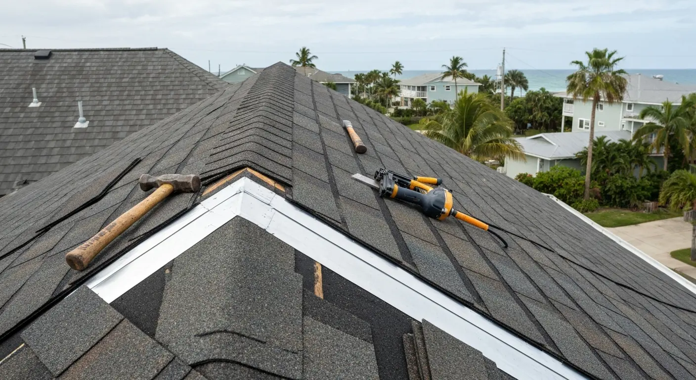 Roof repair work in progress