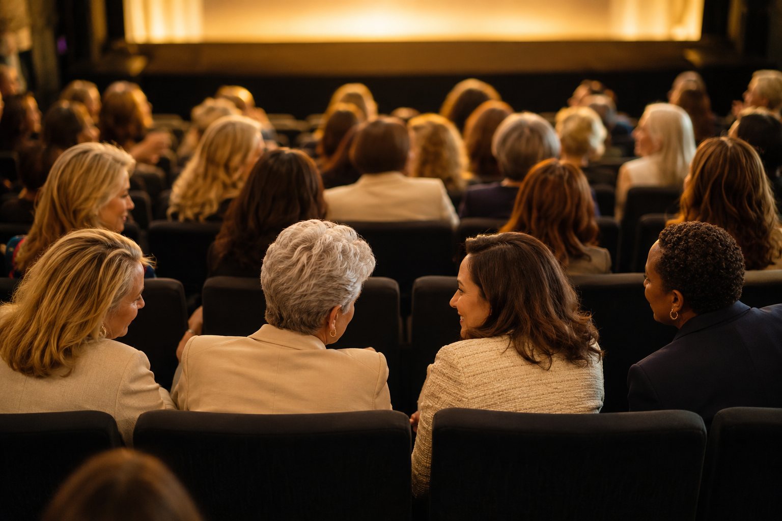 Audience of women seated at a film screening in a warmly lit theater
