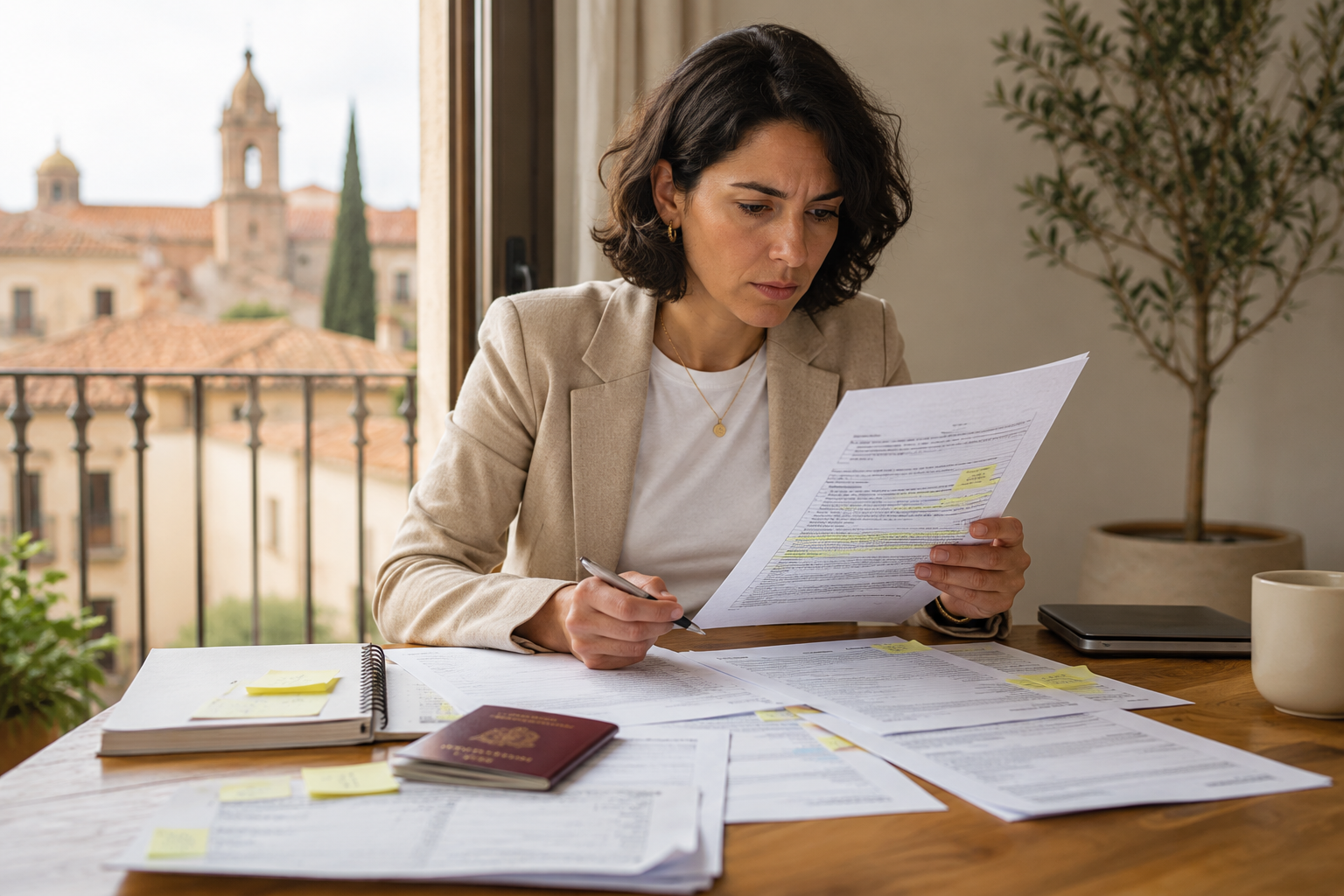 Spanish visa application paperwork on a desk