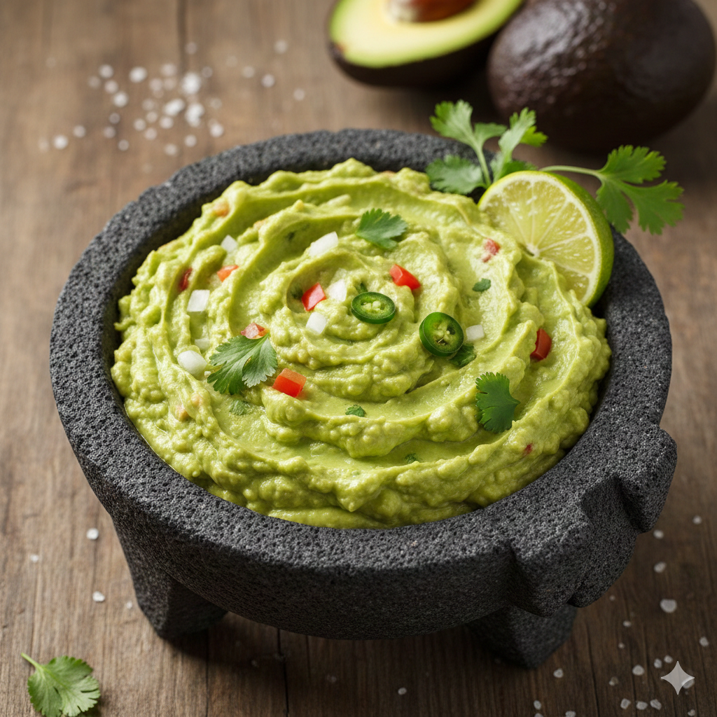 Homemade authentic Mexican guacamole served in a traditional stone molcajete with fresh cilantro, onions, and lime. The best side dish at Top Taco, the top-rated Mexican restaurant in Salt Lake City, Utah. Perfect for dipping with handmade chips. Tacos near me.