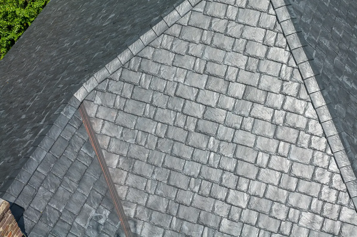 Detail of Brava synthetic slate tiles showing varied width and surface texture