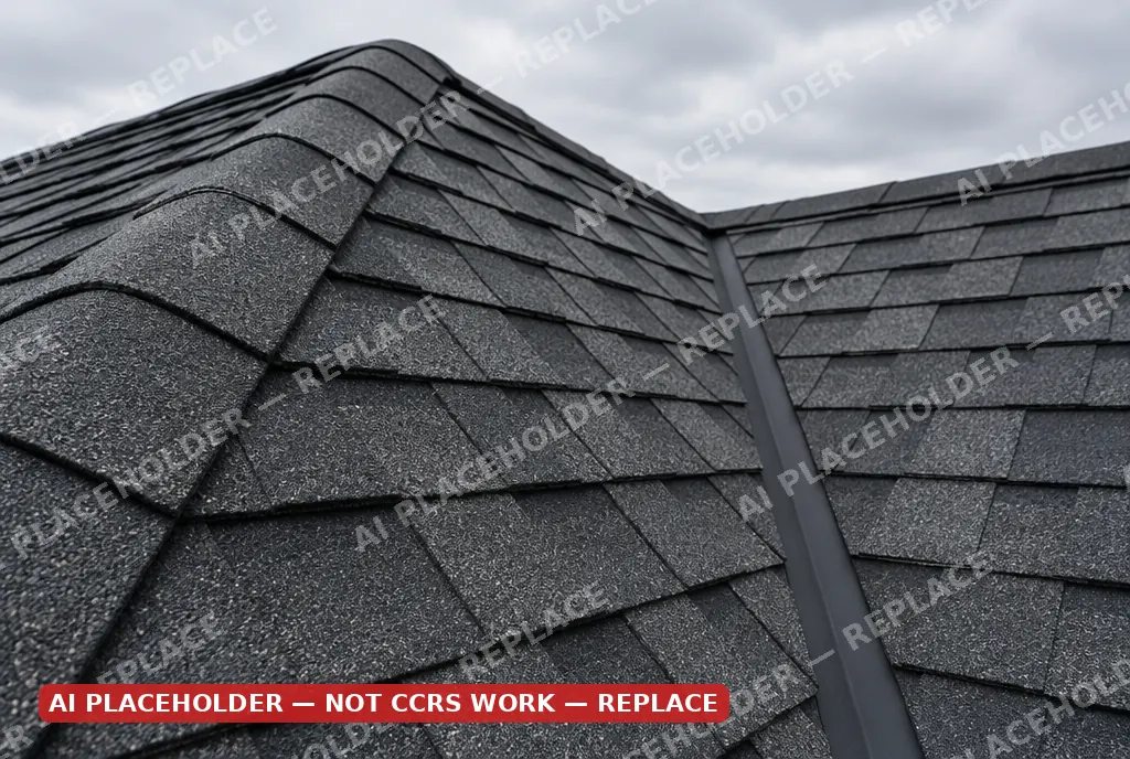 Placeholder image: close detail of architectural asphalt shingle coursing and ridge cap
