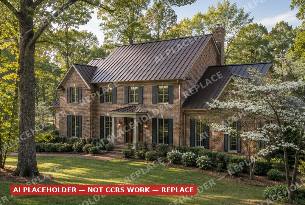 Placeholder image: dark bronze standing seam metal roof on a brick home